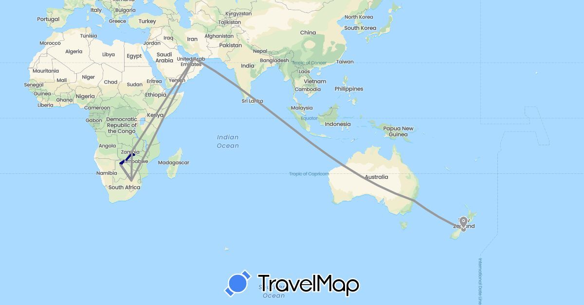 TravelMap itinerary: driving, plane in United Arab Emirates, Australia, Botswana, New Zealand, South Africa, Zambia (Africa, Asia, Oceania)